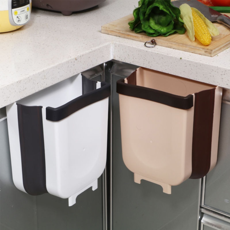 Vægmonteret sammenfoldelig affaldsspand køkken affaldsspand, der kan hænges affaldsspand i hjemmet, badeværelse toilet affaldscontainer: Beige / S 21 x 14 x 23.5 cm