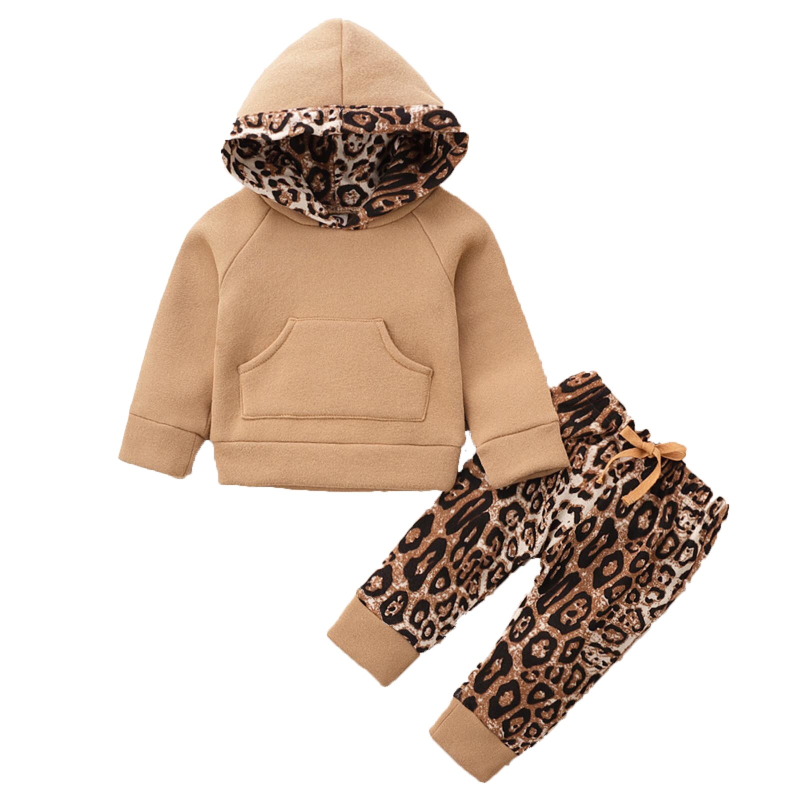 Peuter Set Baby Jongens Meisjes Winter Mode Dikke Warme Capuchon Leopard Pocket Socket Tops + Broek Outfits Kinderen kleding: KH / 6-12 Months