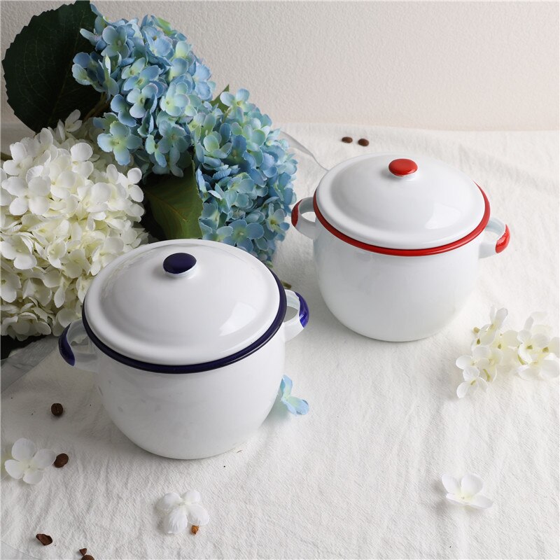 13 Cm Enamel Storage Tank Small Stew Pot Double Ears With Lid Stew Cup Bird's Nest Steamed Egg Noodles Bowl Oil Tank