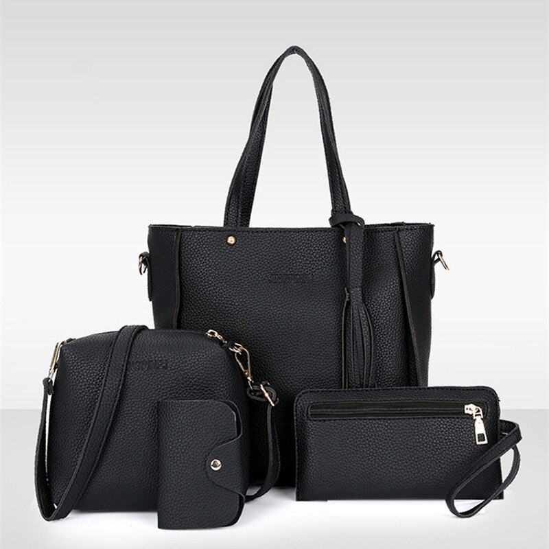 Conjunto de Tarjetero con asa superior para mujer, bolso de hombro con borla de gran capacidad, Cartera de cuero PU, cruzado, 4 Uds.: Black