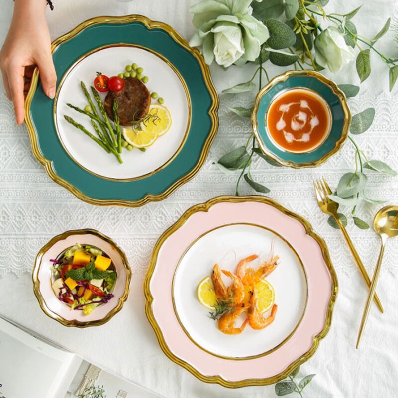 Ceramic Dinner Plate Luxury Gold Inlay Charger Plate Flower Shape Plate Dishes and Bowl Dinnerware Set for Wedding Party Banquet