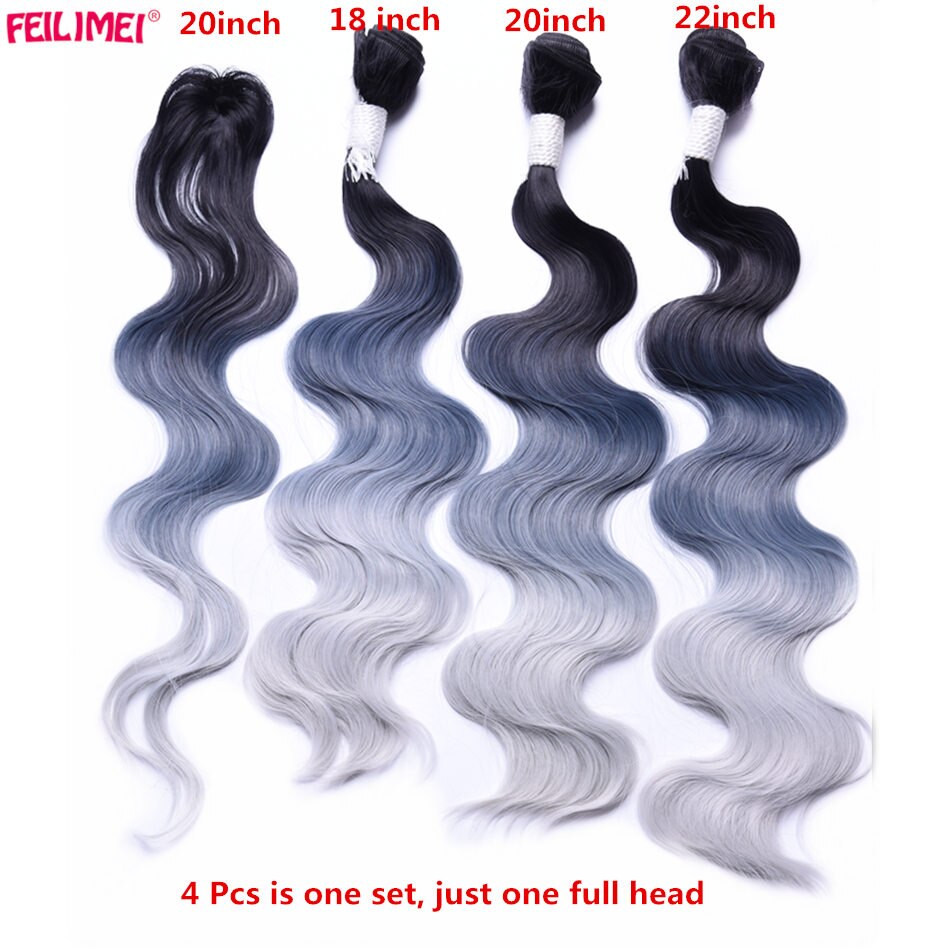 Feilimei-mechones de pelo sintético, tejido de fibra de alta temperatura, 3 tonos, Rubio degradado, gris, azul, Morado, 18 pulgadas, 20 pulgadas, 22 pulgadas