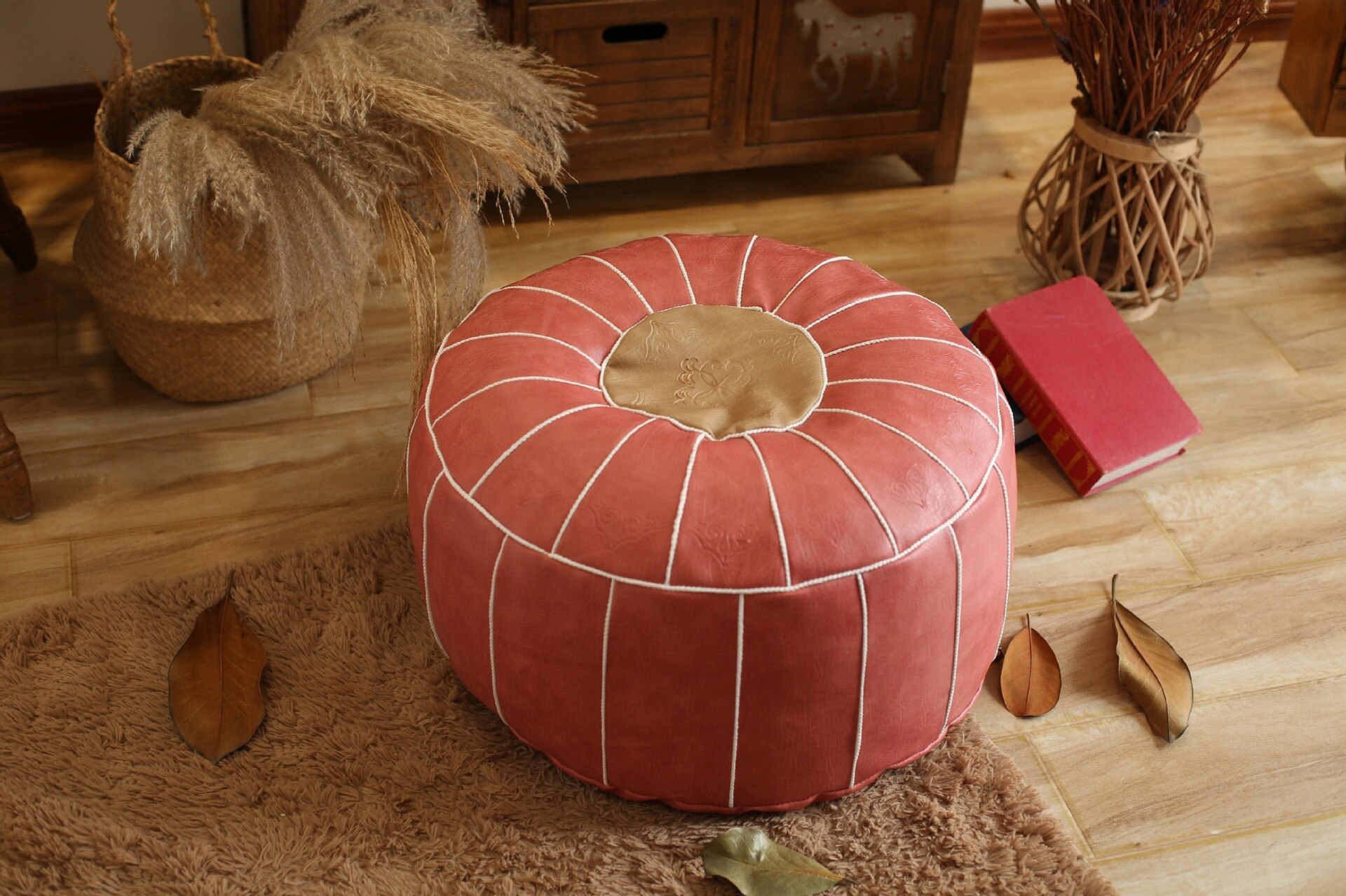 Moroccan PU Leather Pouf Embroider Craft Hassock Ottoman Footstool Round Large 50*50*30cm Artificial Leather Unstuffed Cushion: 5