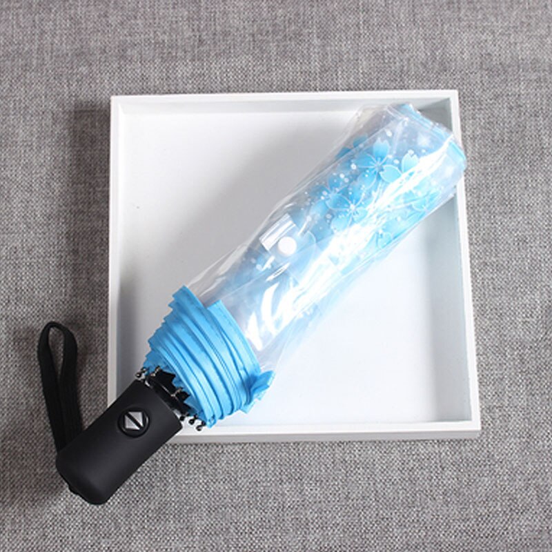 Japanese Cherry Blossom Transparent Umbrella Plastic Girl Female Cute Flower Rain Umbrellas 3 Folding Women Clear Umbrella Small: Automatic Blue
