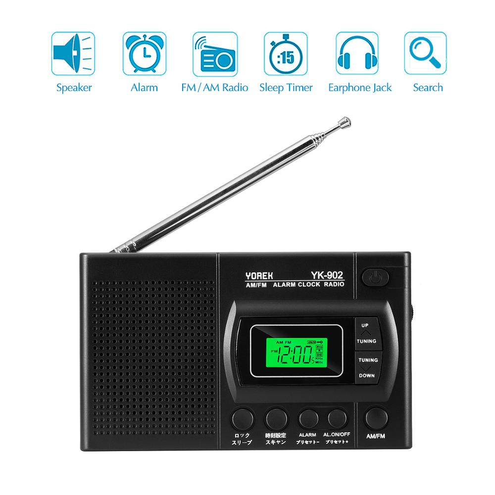 Yorek Portable AM/FM Shortwave Radio with Sleep Timer and Alarm Clock Function, Battery Operated Radios, 12/24H Time Display LCD