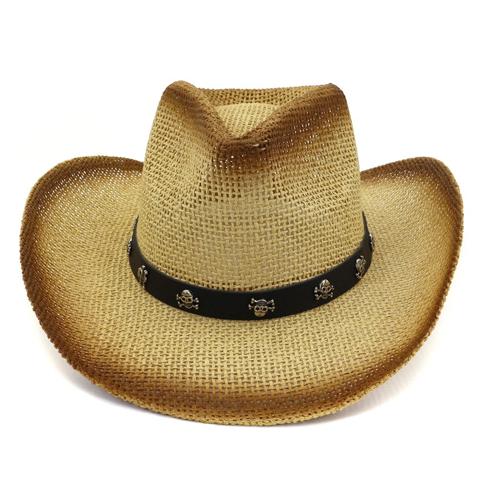 Qbhat Bruin Spray Verf Mannen Vrouwen Papier Stro Zon Cowboy Hoeden Met Schedel Riem Decor Zomer Brede Rand Zonnehoed Panama strand Cap