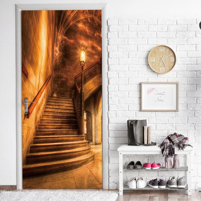 Gör-det-själv-väggmålning vattentät tapet självhäftande geometri trappor dörrklistermärke print bild renovering sovrum heminredning: Dörr xrk 863-07 / 77 x 200cm