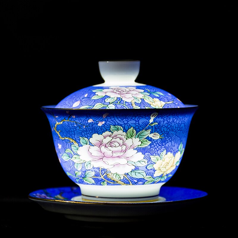 Cuenco de té de porcelana de cerámica con flores, 145ml, juego de platillo con tapa, esmalte, taza maestra Gaiwan china, vajilla de