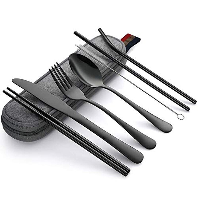 Stainless Steel knife and fork spoon chopsticks combination set Chinese Chop Stick Tableware Kitchen Tools Reusable: Black