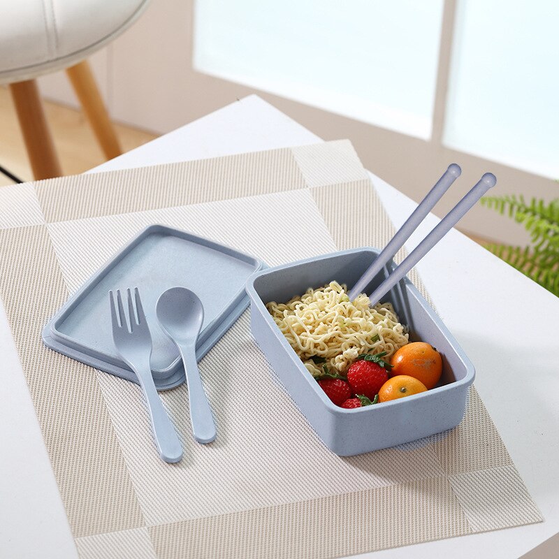 Fiambrera de fibra de bambú ecológica, fiambrera portátil con palillos, tenedor y cuchara, para estudiantes,