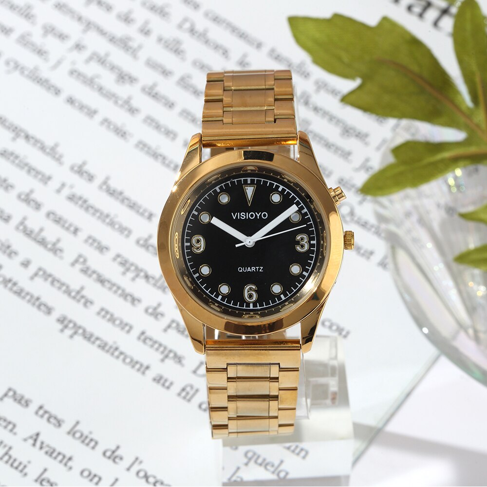 Montre parlante anglaise avec fonction d'alarme, Date et heure parlantes, cadran noir, fermoir pliant, étiquette de boîtier en or-701