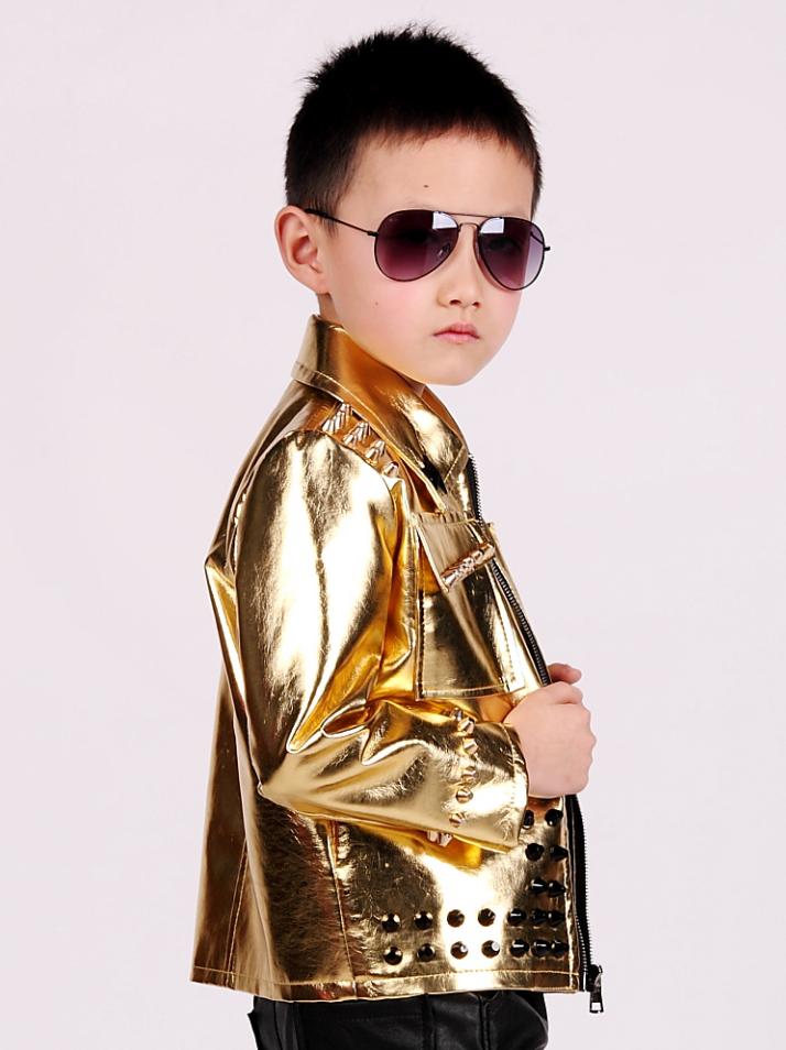 Baby boy clothes Gold children leather jacket rivet zipper stage dance clothes modis kids Hip hop outerwear Y1232