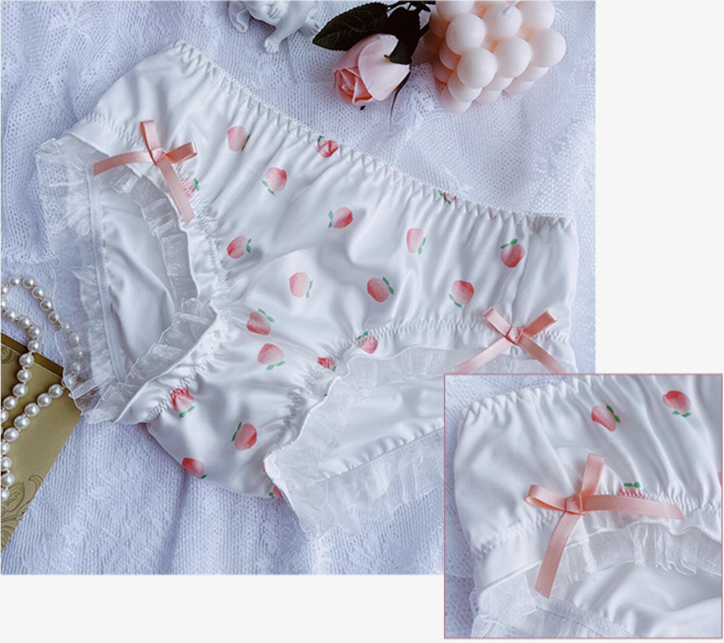 2nd Free M L XL Lovely Cute Lolita Kawaii Princess Sexy Ruffle Peach Printing Panties Underwear Brief knickers: White D / M