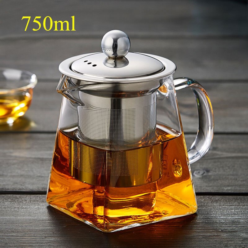 Square Heat Resistant Glass Teapot With Stainless Steel Infuser Filter Puer Tea Kettle Clear Glass Tea Pot Cup Tea Sets: 750ml