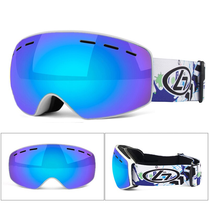 Inverno snowboard óculos de esqui para crianças dupla lente anti nevoeiro máscara à prova vento colorido banhado a grande quadro óculos de esqui crianças: Blue Len White Frame