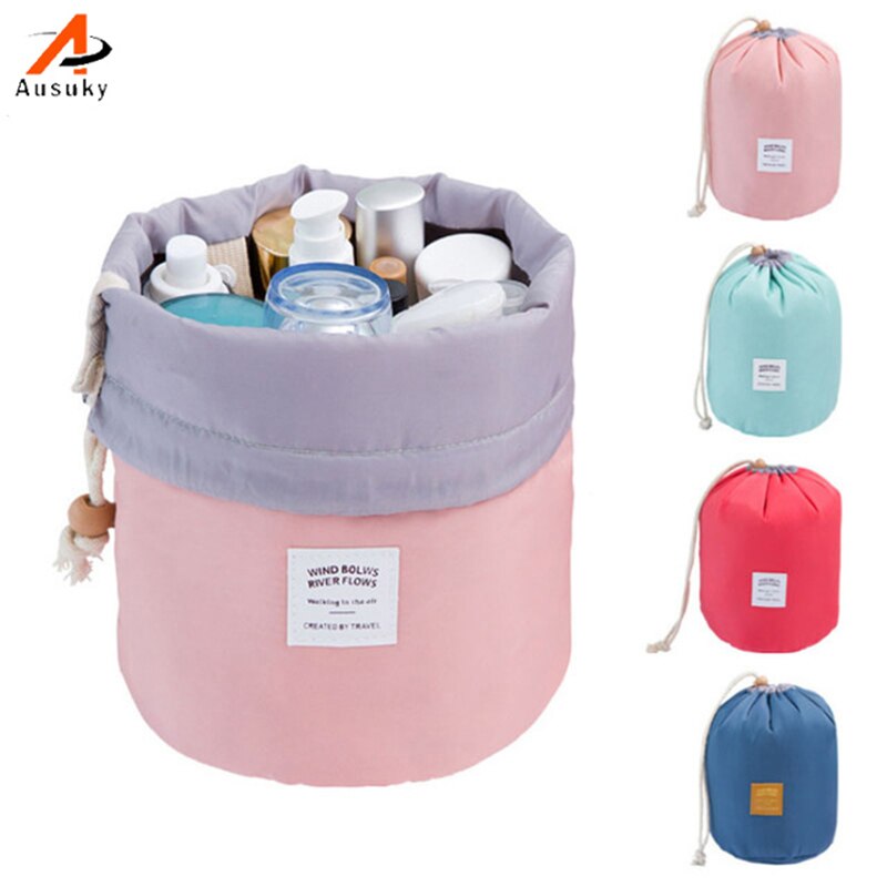 Beautician Barrel Shaped Travel Cosmetic Bag Nylon High Capacity Drawstring Drum Wash Bags Makeup Organizer Storage