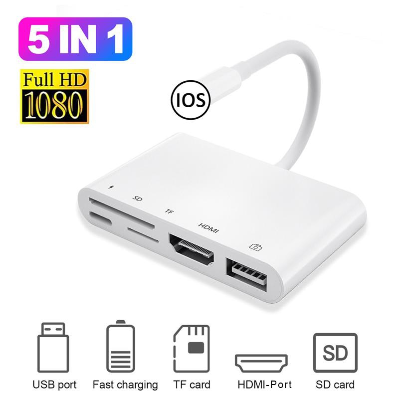 5 In 1 Famale USB3.0 Voor Bliksem Naar 1080P Hdmi-Kabel Usb Sd Tf Kaartlezer Digitale Av tv Otg Adapter Aansluiting Kits Hub