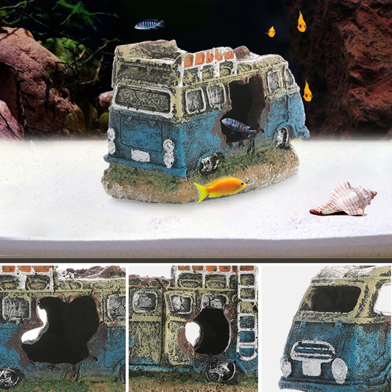 Aquarium Decoration Resin Broken Vehicle Wreck Car Fish Tank Ornament Betta Fish Hideaway Accessories Aquatic Caves Fish Hideout
