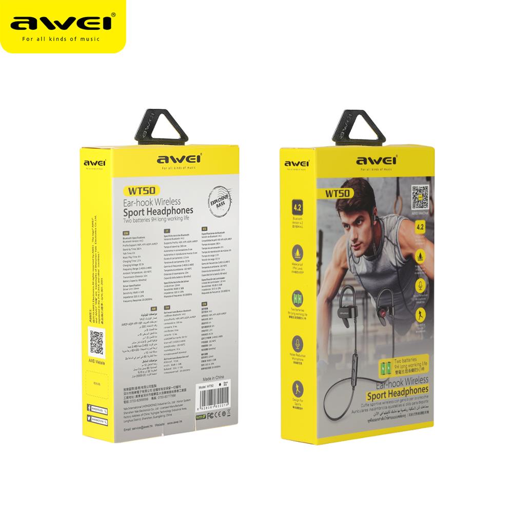 Awei  wt50 sport kabellose ohrhörer mit bluetooth, dual-power-funktion, ohrbügel, wasserdicht ( ipx4) , geräuschunterdrückung und hifi-stereo-sound