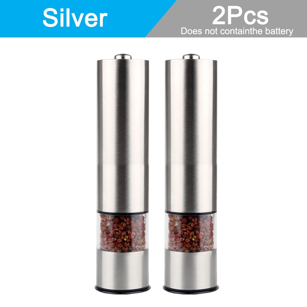 Electric Automatic Mill Pepper and Salt Grinder LED Light Spice Salt Pepper Core Grain Mill Porcelain Grinding Kitchen Tools: 2 Pcs Silver B