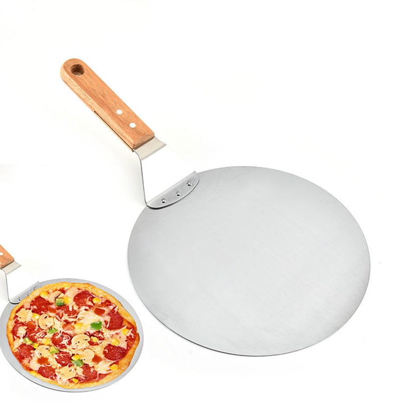 10-inch Rvs Pizza Pan Veiligheid Transfer Schop Houten Handvat Grote Ronde Schop Taart Saus Veiligheid Transfer Bakken tool