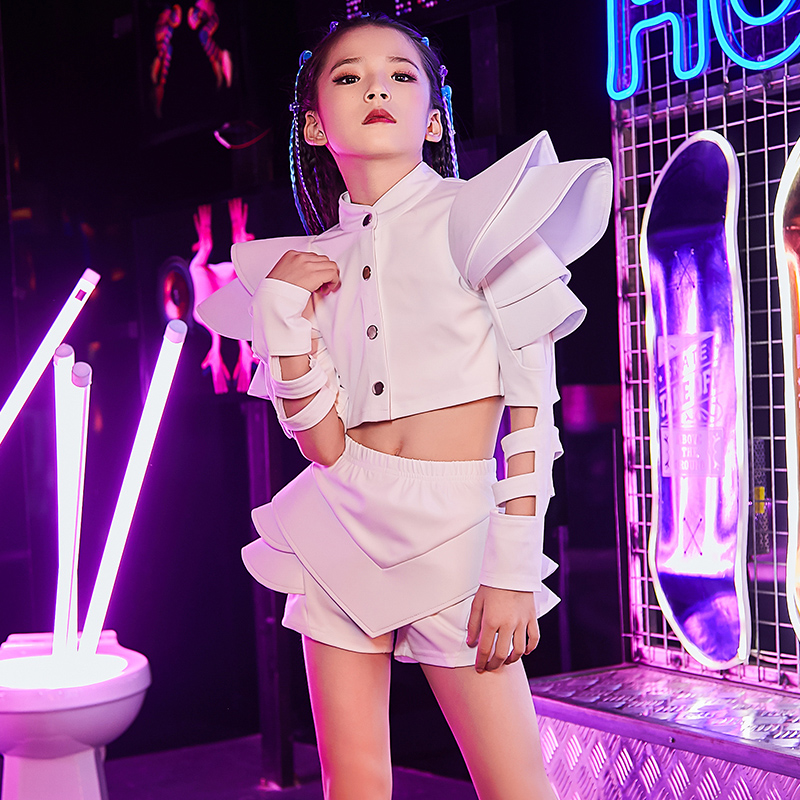 Traje de baile de Jazz para niñas, Conjunto blanco roja de Hip Hop, traje de baile callejero moderno, espectáculo de pasarela: White Set / 140cm