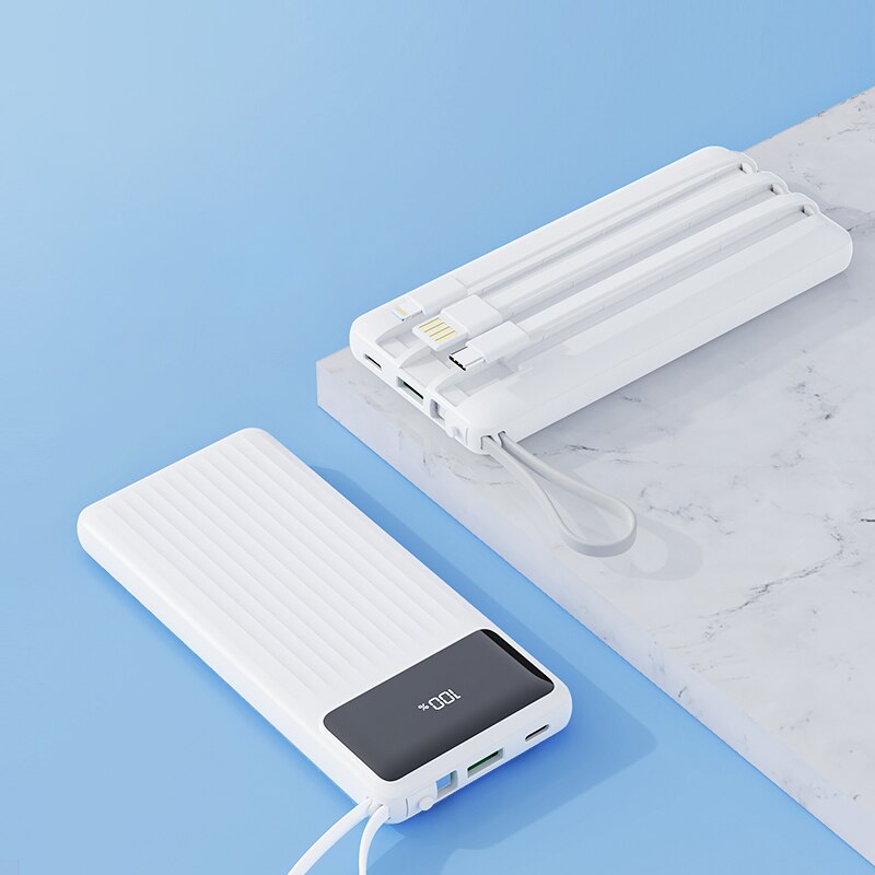 Rock 4 In 1 Power Bank 20000Mah Ingebouwde Kabel Powerbank Draagbare Snelle Opladen Type C Pd Poverbank Externe batterij Oplader: White / 20000mah