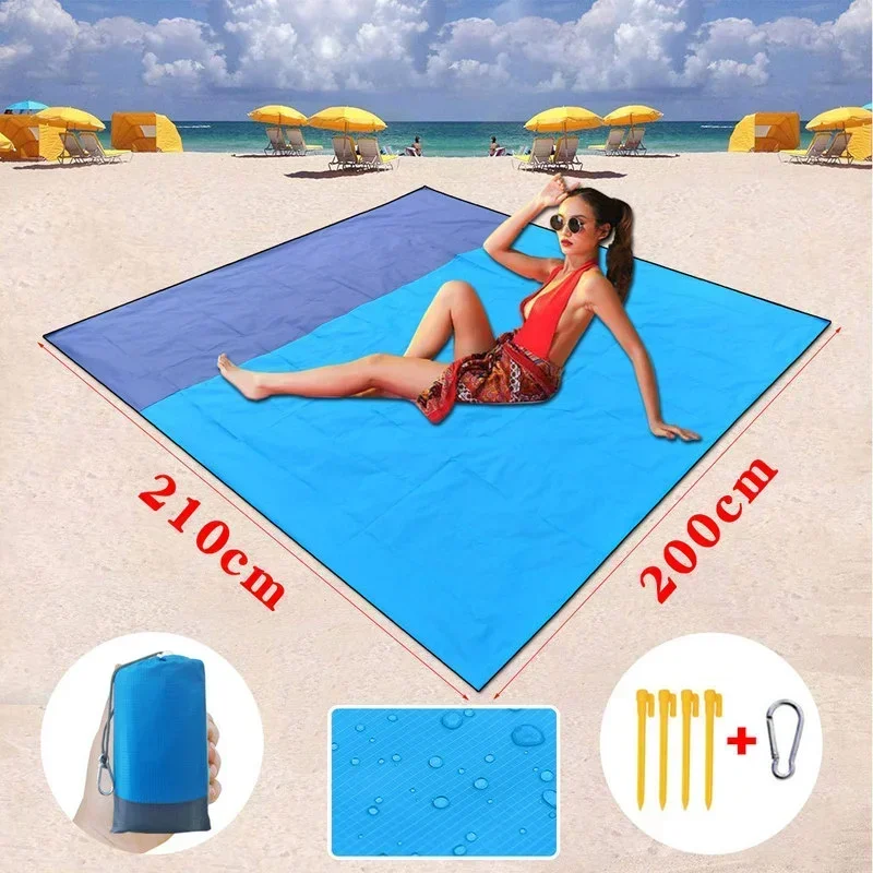200 x 210cm vattentät strandmatta sandfri filt camping utomhus picknicktält vikbart skydd sängkläder ficka picknick campingstol