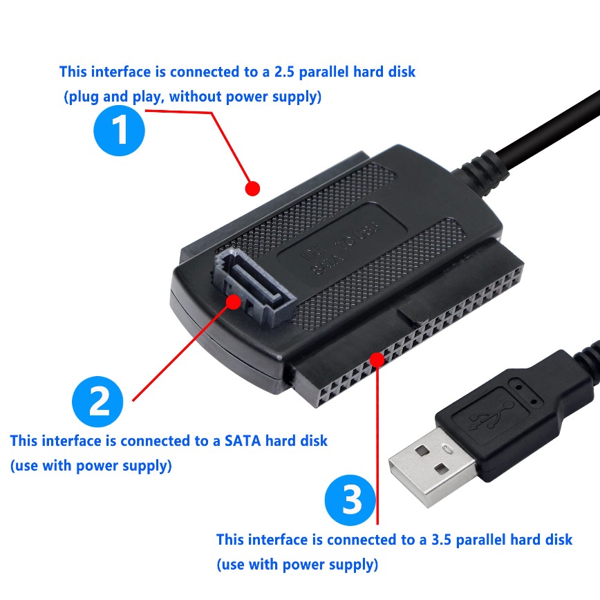 Adaptateur de disque dur SATA IDE PATA vers USB 3 en 1, câble USB 2.0 vers SATA IDE pour disque dur 2.5 "/3.5"/5.25 ", disque dur HDD SSD, PC de bureau et ordinateur portable