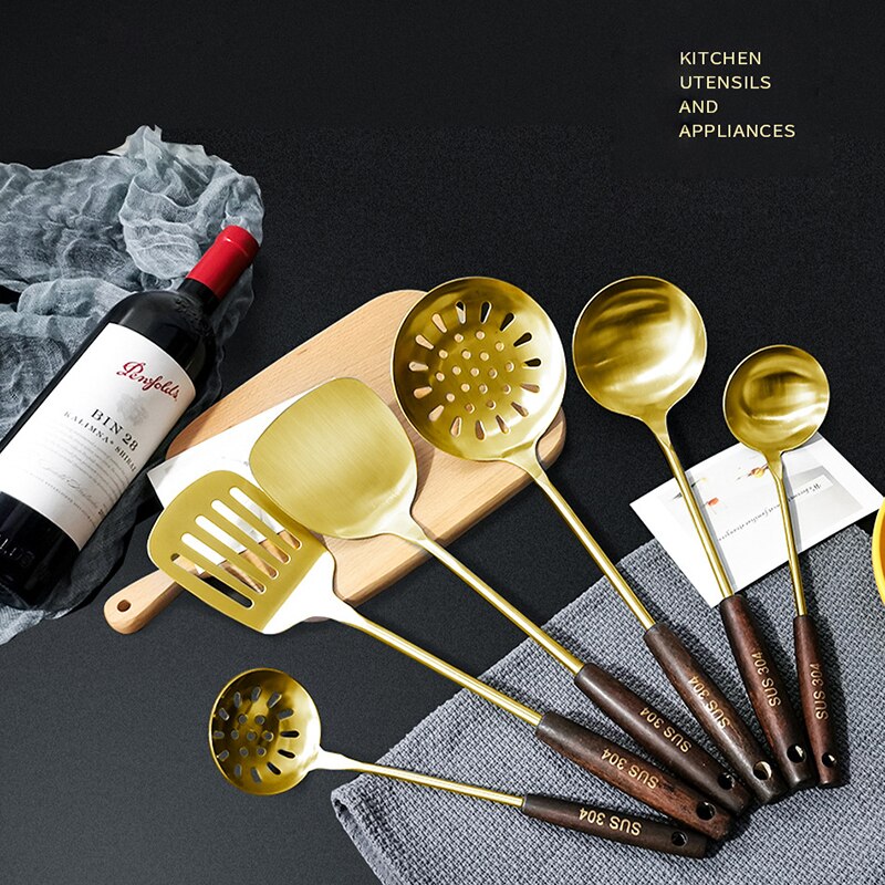 6 PCS Cooking Utensils Golden Stainless Steel Kitchenware Set With Wooden Handle Household Kitchen Cookware Sets Pot Accessories