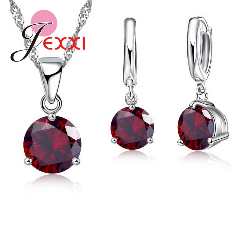 Crystal Necklaces Set 8 Colors 925 Sterling Silver Pendants Stud Earring Sets Women Cubic Zircon Jewelry