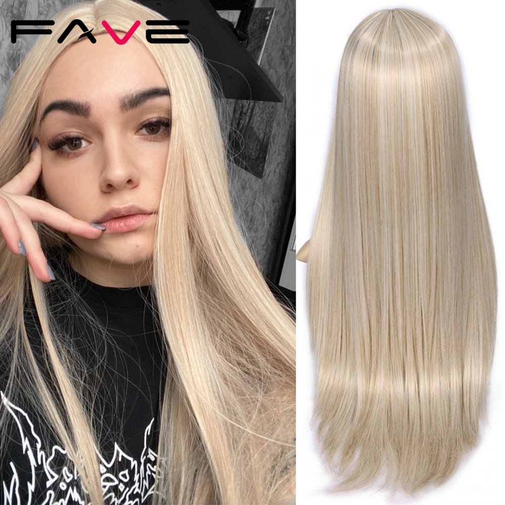 FAVE Long Straight Pure Light Brown Blonde Long Synthetic Wigs for White /Black Women 22 Inch Middle Part Can be Cosplay Wigs
