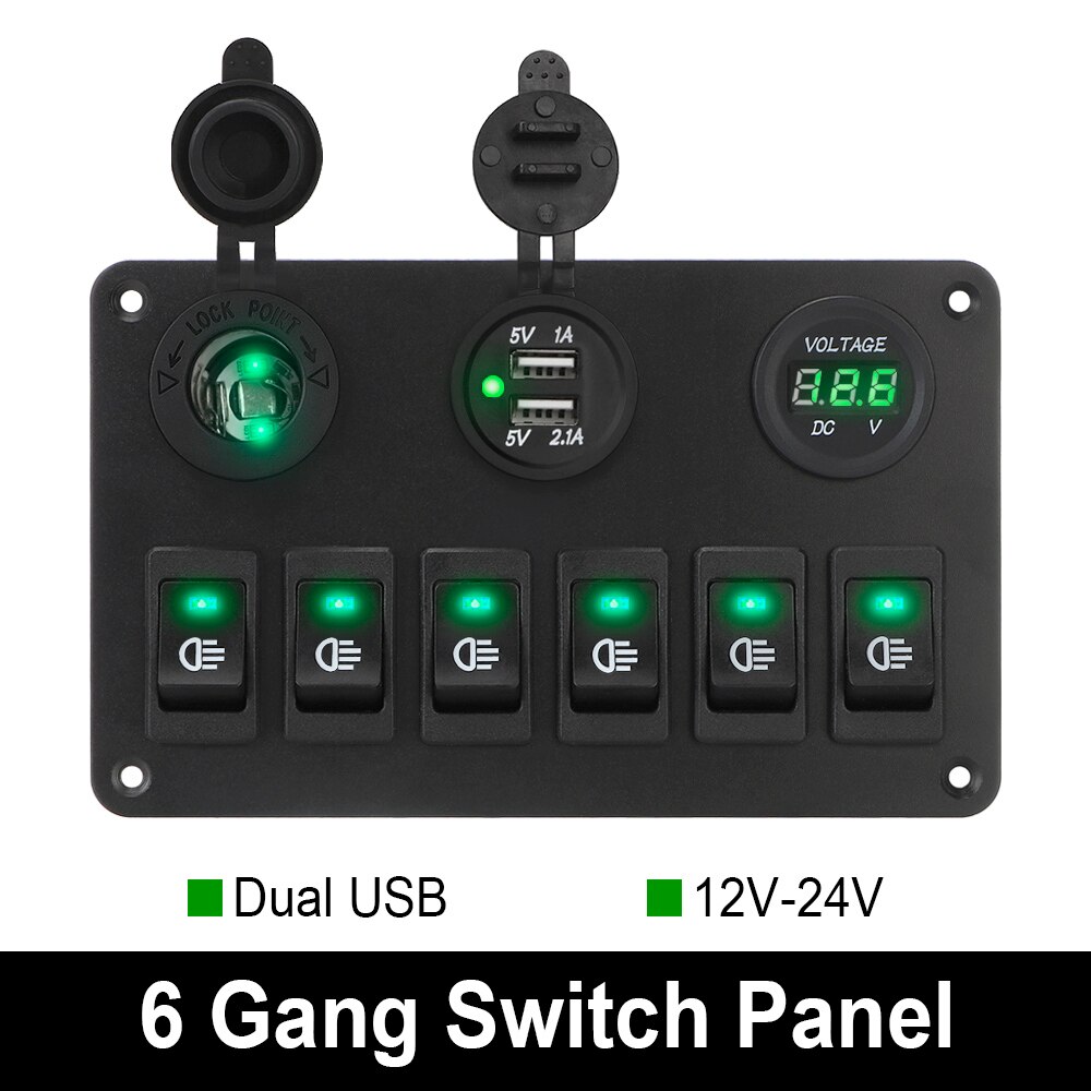 Dc 12v/24v 6/2 gangs vippekontakt panel vandtæt dobbelt usb porte led digital voltmeter afbryder tænd/sluk lys bil marine