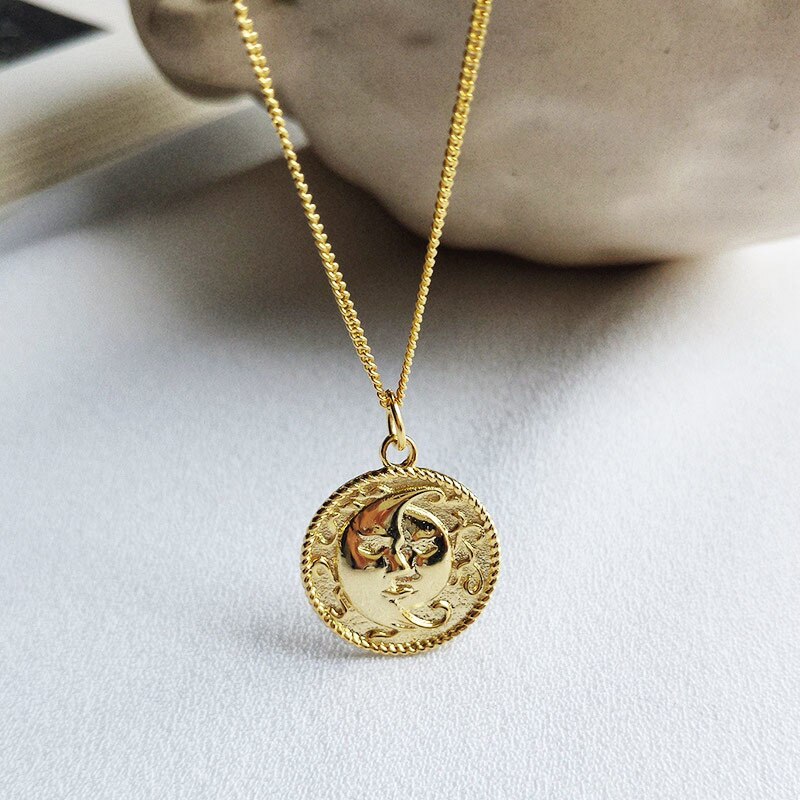 Sonne Mond Anhänger Halskette Für Liebhaber 925 Sterling Silber Halskette Gold Kette Jahrgang-Schmuck Frauen Kleidung Zubehör