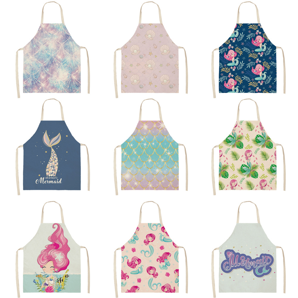 kid apron Kawaii Girl Mermaid Printed Sleeveless Aprons Kitchen Women Cotton Linen Pinafore Home Cooking Baking Waist Bib