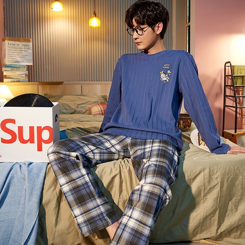 SONG Spring Pajamas Sets 2 Pieces Combed Cotton Long Sleeve Trousers Casual Teenagers Home Men's Pyjamas