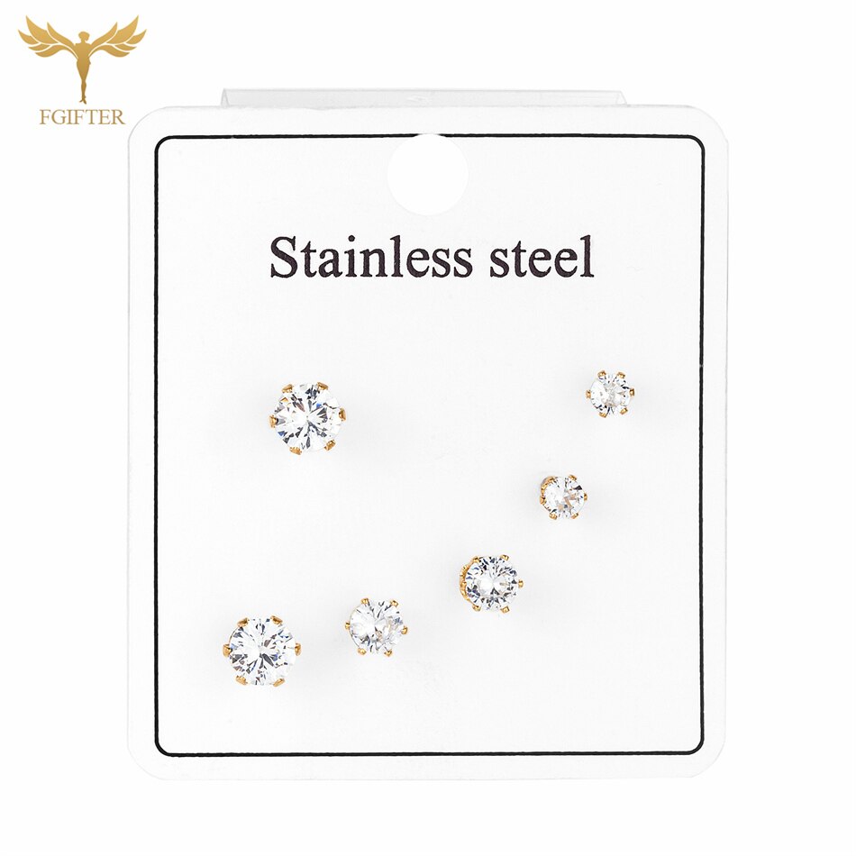 Juego de 3 pares de pendientes de cristal de acero inoxidable para mujer, aretes geométricos de circonita cúbica, joyería para Piercing de lóbulo de Color dorado y plateado