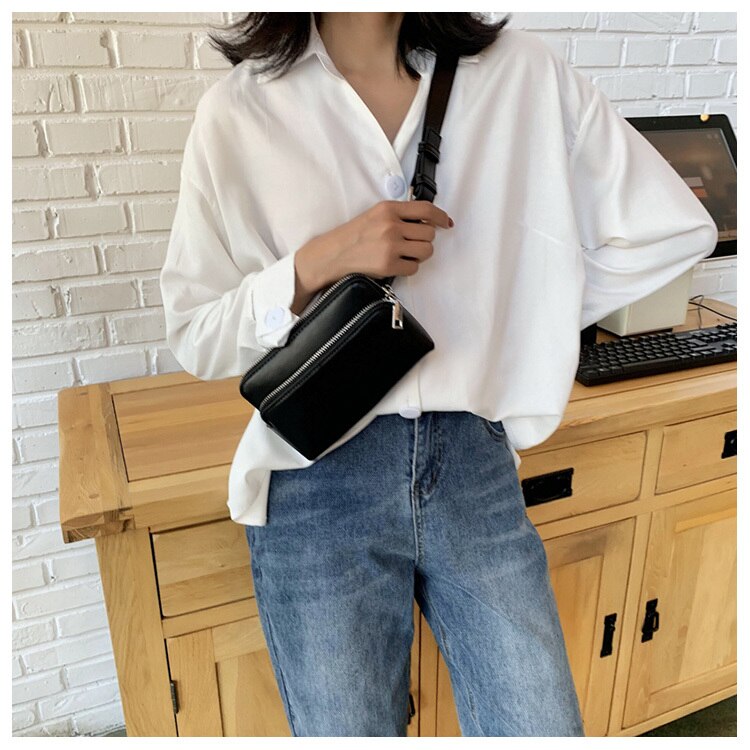 Double Pocket Women PU Waist Bag Female Crossbody Chest Bag Small PU Leather Lady Fanny Pack