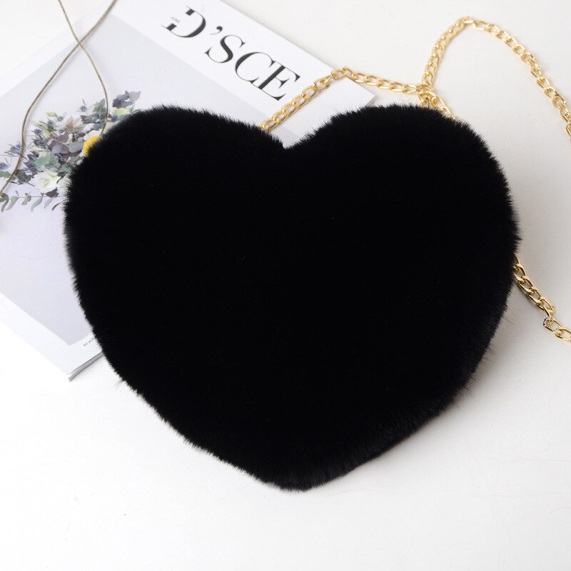 Women&#39;s Heart Shaped Handbags Cute Kawaii Faux Fur Crossbody Bags Wallet Purse Chain Shoulder Bag Lady Handbag: black