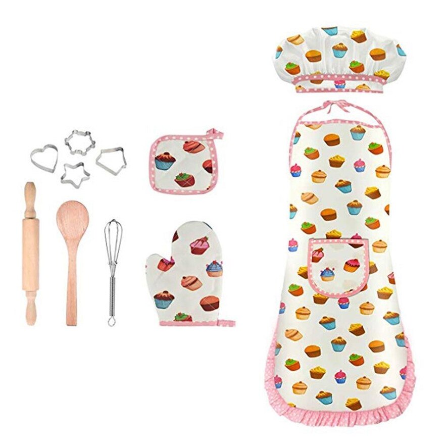 Making Pastry Chef Costume Set for Kids Girls Cooking Game for Kids Girls Baking Clothes Apron Set 1127#30