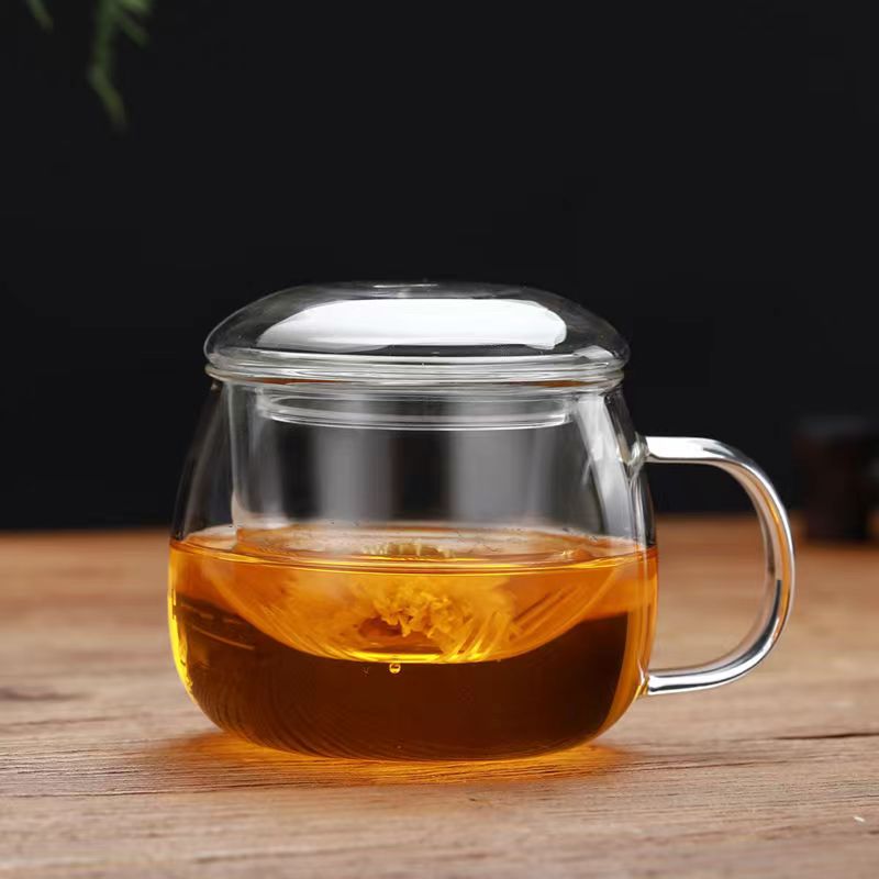 Glass Tea Infuser Cup With Transparent Filter Handle Bamboo Lid Heat-resistant Flower Teacup Office Tea Mug Drinkware: 320m round fun