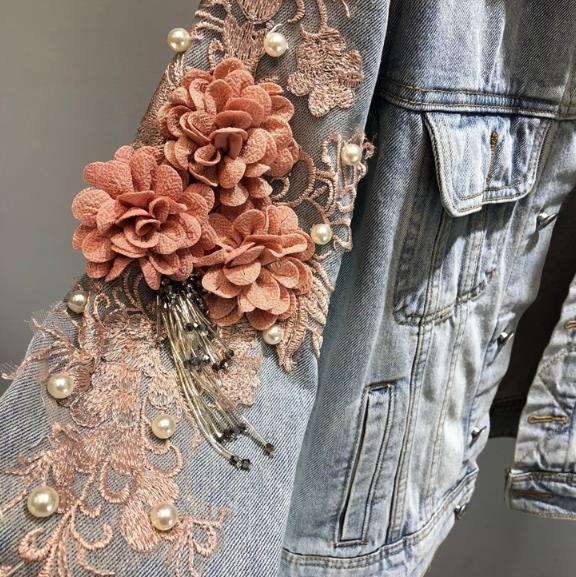 Herbst Frauen Stickerei Drei Dimensionale Blumen Perle Perle Kurze Denim Mantel Frau Lange Hülse Jean Jacke Feminina Mäntel WF08