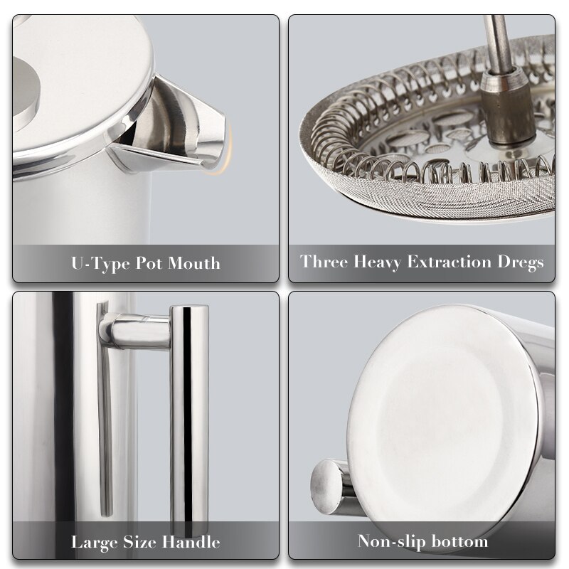 Praska francuska dzbanek robić kawy ze stali nierdzewnej podwójna ściana o dużej pojemności ręczne pojemniki robić kawy Cafetiere