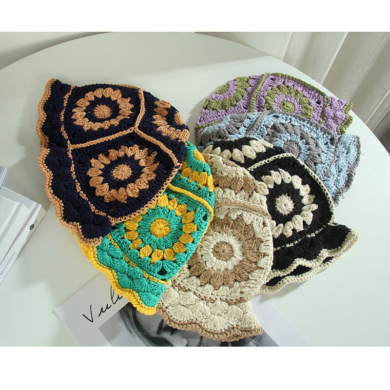 Summer Hollow Crochet Flower Fisherman Hat Shade Breathable Knitted Bucket Hat Ladies Panama Knitted Fisherman Hat