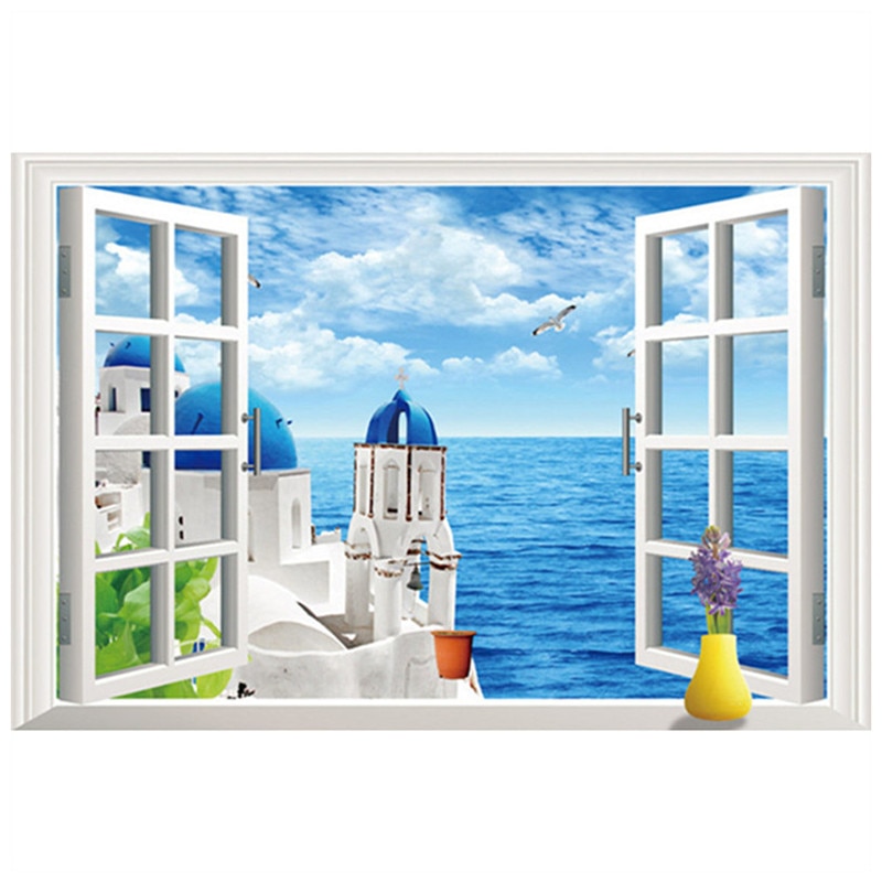 Eegean sea view veggmaleri santorini sceneri falsk 3d vindu kunst vinyl vegg klistremerker hjemmedekorasjon flyttbar tapet 90*60cm