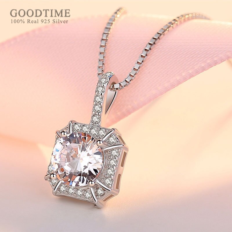 Pure 925 Sterling Silver Pendant Necklace For Women Square Zircon Rhinestone Necklace Valentine's Day For Girl