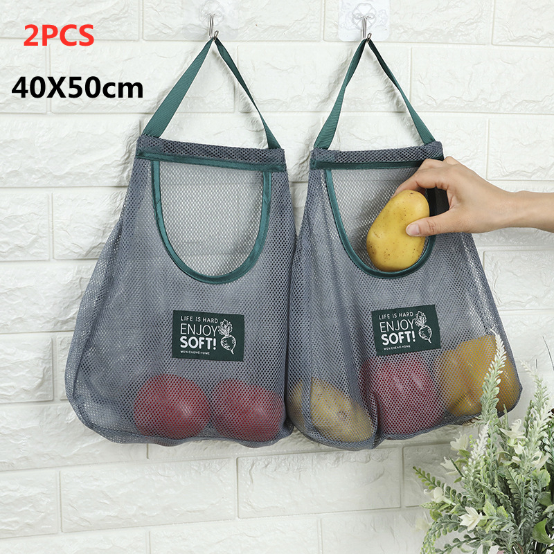 1/2Pcs Kitchen Reusable Vegetable Fruit Storage Mesh Bag Produce Hanging Grocery Shopping Bags Net For Groceries Organizer: 2pcs 40x50cm