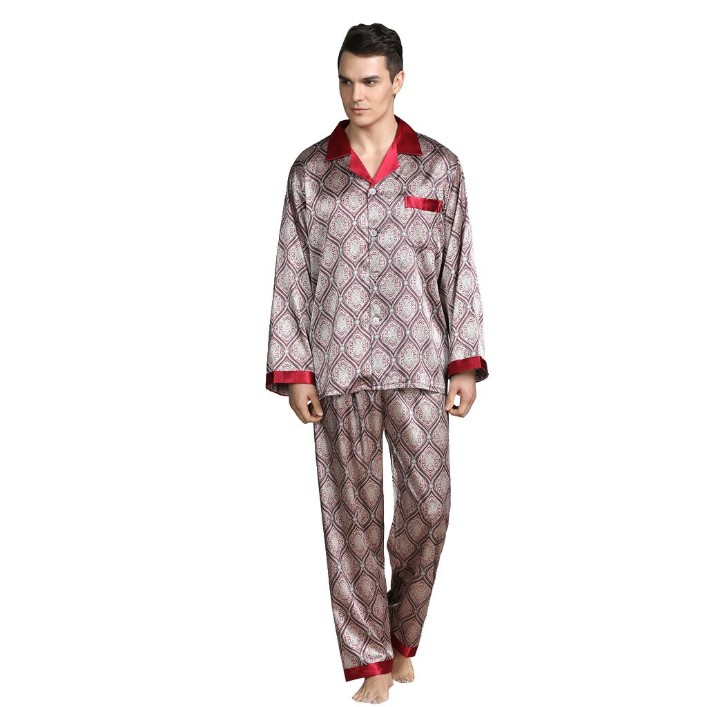 Men Silk Satin Pajama Sets Long Sleeve Sleepwear Set Two Pieces Pijama Pajamas Suit Male Breathable Pyjamas Loungewear#g3: XXXL