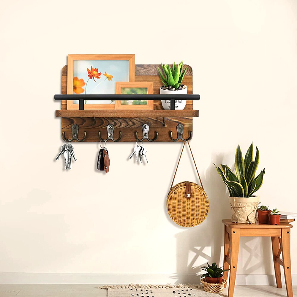 Key Holder Wall Mounted Mail Holder with 10 Hooks and 2 Wooden DIY Keychains Wooden Decorative Key Hanging Rack Mail