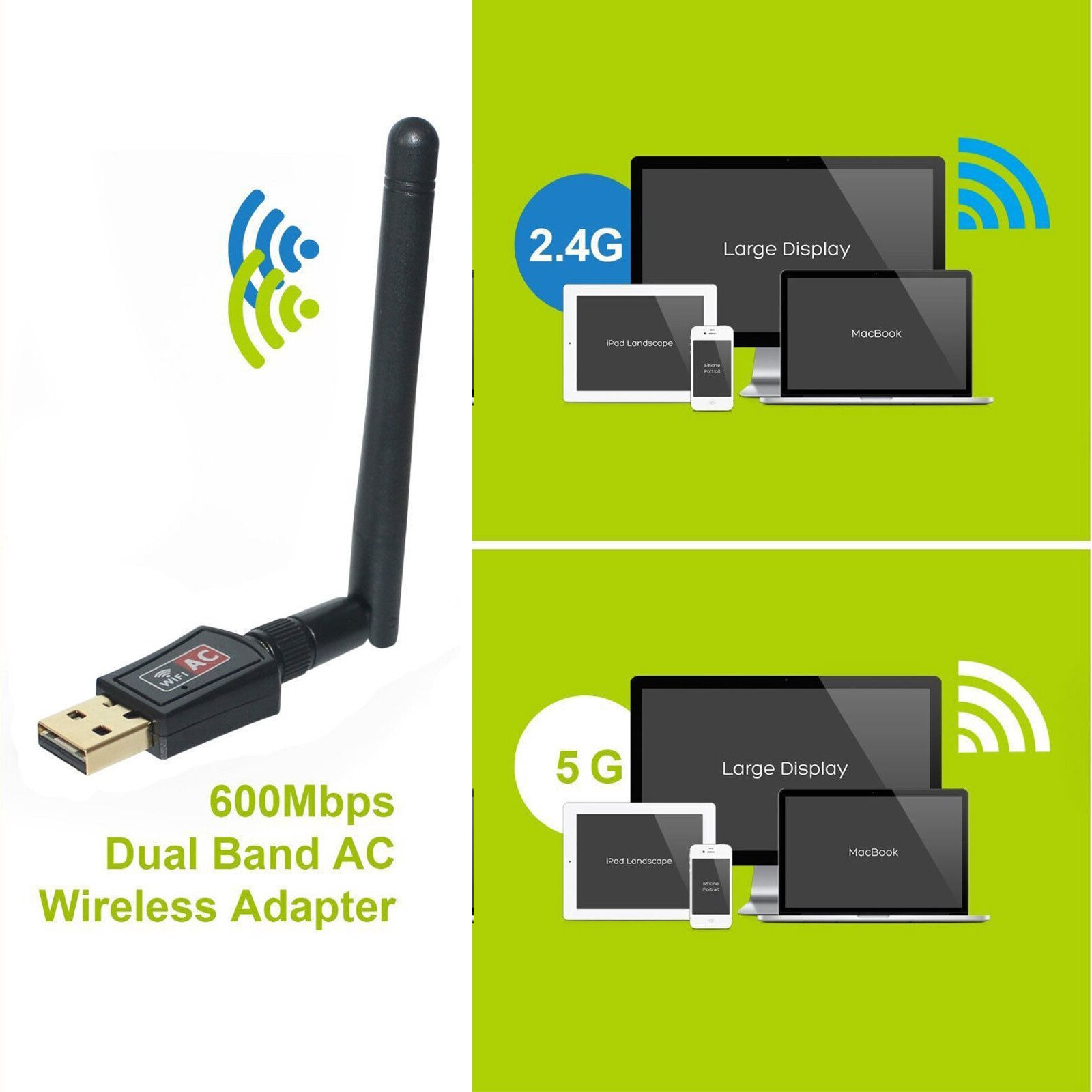 600 Mbps Dual Band 2.4/5Ghz Wireless USB Adapter WiFi Network Card Adapter w/Antenna 802.11AC